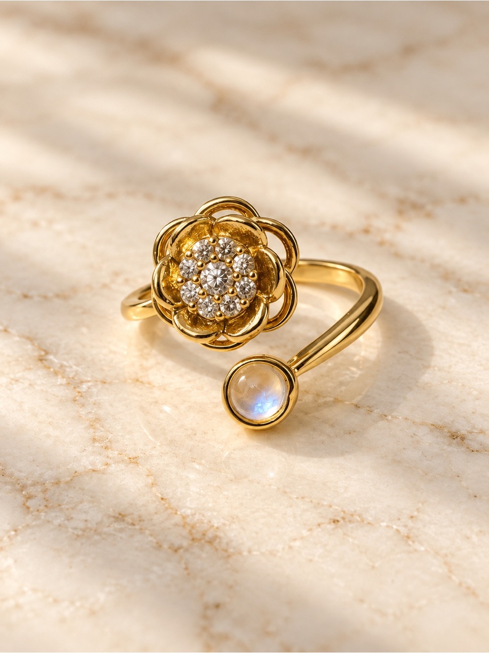 Gold Plated Flower Cluster and Moonstone Open Ring